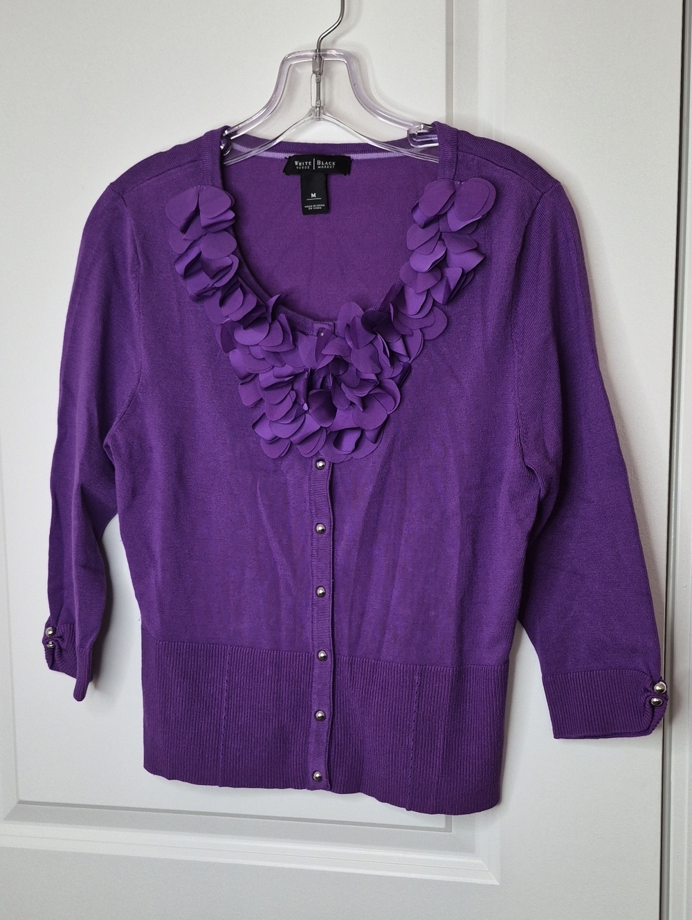 White House Black Market Women's Purple Ruffle-Neck Cardigan Size M 3/4 Sleeve
